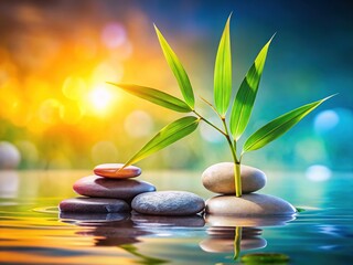 Stunning Bamboo Leaf Reflection in Stacked Pebbles - Bright, Sharp Image