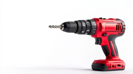 red and black cordless power drill with drill bit isolated on white background