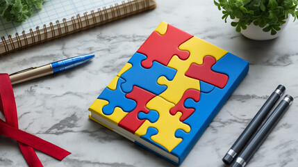 Autism Awareness Symbolism: A flat lay of puzzle pieces, a common symbol for autism awareness, arranged in vibrant colors alongside a notebook, pen, and a small ribbon, under clean, diffused lighting
