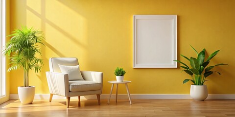 Fototapeta premium Sunny Yellow Room Interior Design: White Armchair, Plant, Mockup Frame