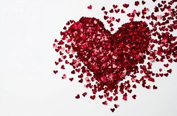 The word "LOVE" made of red heart confetti on a white background
