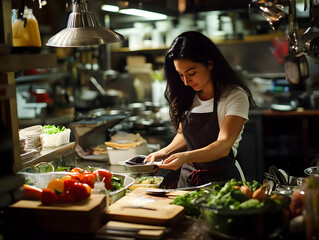Woman Chef Prepares Food in a Restaurant Kitchen with Fresh Vegetables Professionally and Skillfully.