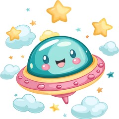 Naklejka premium Adorable Cartoon UFO Flying Through a Starry Sky with Fluffy Clouds.
