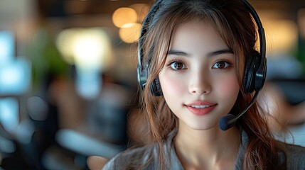 Engaging customer service representative wearing a headset, smiling warmly in a busy office environment