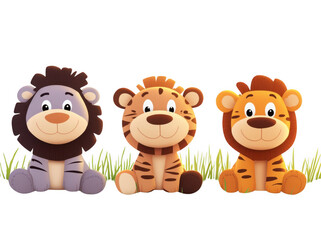 Naklejka premium Cute smiling cartoon animals sitting on grass, featuring three friendly lions with different fur patterns and colors, creating joyful and playful atmosphere
