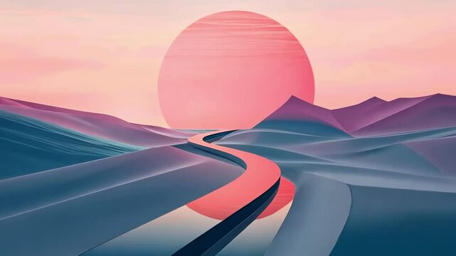 Breathtaking sunset over winding river in serene mountain landscape with soft pastel colors. Generative AI