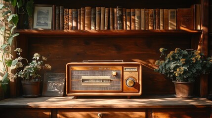 A vintage radio and a collection of old books on a shelf, bathed in soft golden light