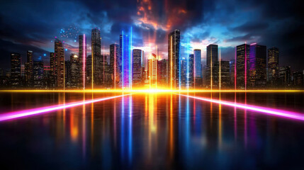 Obraz premium vibrant cyber landscape featuring digital city skyline with neon lights reflecting on futuristic surface, creating dynamic and colorful atmosphere