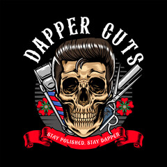 Classic Barbershop Skull Head with a razor blade, scissor, and electric Clipper elements Logotype Badge Vector Illustration