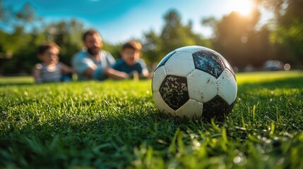 Fototapeta premium Family enjoying a sunny day in the park, playing soccer with a worn ball on lush green grass