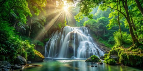 Serene Waterfall in Lush Green Forest Bathed in Sunlight - Stock Photo