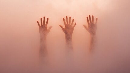 three hands reach out from a misty pink background