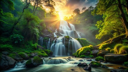Serene Waterfall Silhouette in Lush Green Forest - Stock Photo