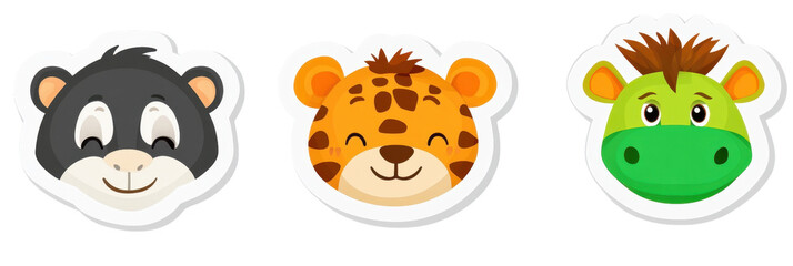 Obraz premium Cute cartoon animal stickers featuring raccoon, leopard, and cow. Perfect for children projects, scrapbooking, or playful decorations