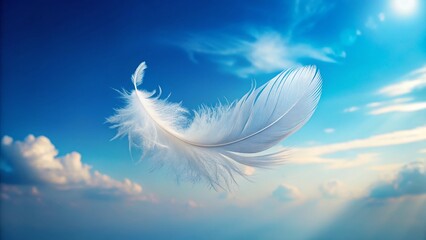 Serene White Feather Floating in Pale Blue Sky - Stock Photo