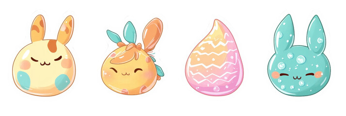 Cute cartoon animals in colorful sticker set featuring bunnies and decorative eggs. Perfect for adding playful touch to any project or decoration