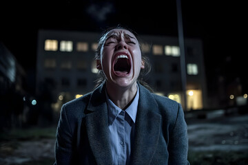 Woman Screams in Terror Outside at Night with Building Background