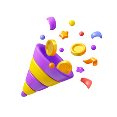 Birthday popper with coins and confetti. Vector 3d cracker emoji, bonus or winner reward concept. Cartoon icon isolated on white background