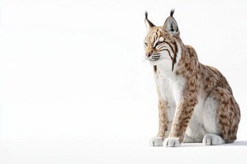 Naklejka premium A lynx sits gracefully against a plain white background, highlighting its unique fur patterns and captivating gaze.