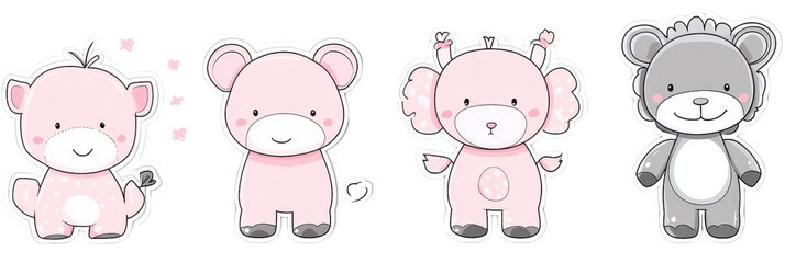 Obraz premium Cute cartoon animals in sticker set featuring pig, bear, elephant, and lion. Each character has unique design and playful expression, perfect for children decor or crafts
