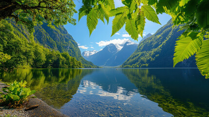 tranquil lake reflecting surrounding mountains and lush greenery under clear blue sky, creating serene and picturesque landscape