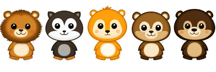 Obraz premium Cute cartoon animals in sticker set featuring lion, raccoon, bear, and more. Perfect for children projects, crafts, and playful designs