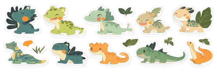 Cute cartoon dinosaur stickers featuring various colorful designs and expressions. These playful creatures are perfect for decorating notebooks, planners, or any creative project