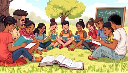 Diverse Children Reading Together Outdoors