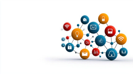 colorful network of interconnected icons representing internet of things, featuring symbols for security, communication, and technology on white background