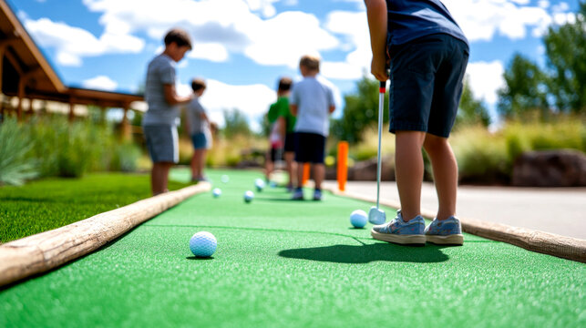 A vibrant scene of children playing miniature golf on a sunny day, focusing on fun and outdoor activity.
