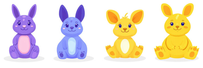 Fototapeta premium Cute cartoon rabbits in various colors, including purple, blue, yellow, and orange, sitting happily. These adorable animals are perfect for children illustrations or playful designs