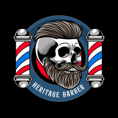 Retro Barbershop Skull Head with Barber's Pole elements Logotype Badge Vector Illustration