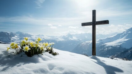 Wooden Cross on Snowy Mountaintop with Spring Flowers