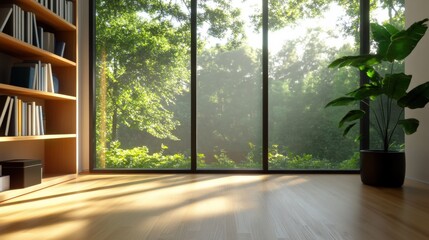 Fototapeta premium sunlit room with large windows overlooking a forest, bookshelf and plant