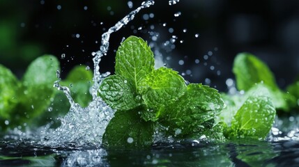 fresh mint leaves splashed with water