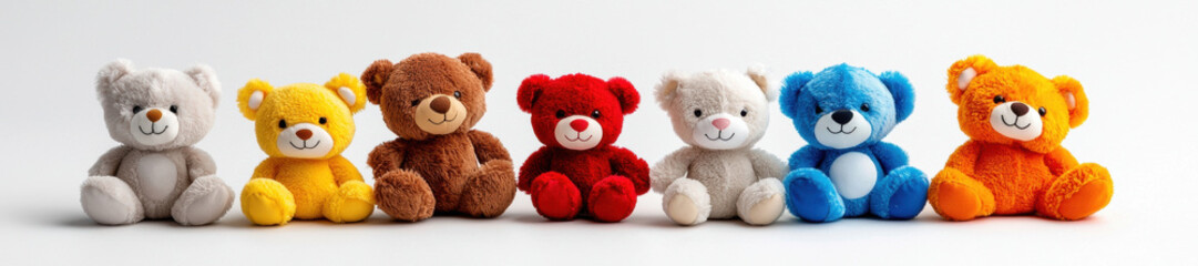 Obraz premium row of colorful plush teddy bears various shades, including gray, yellow, brown, red, white, blue, and orange, are neatly arranged white background, showcasing cheerful and playful atmosphere