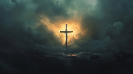 Naklejka premium Cross Silhouette in a Dramatic Stormy Sky