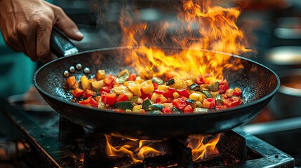 Vibrant vegetables sizzling in a frying pan over an open flame in a busy restaurant kitchen