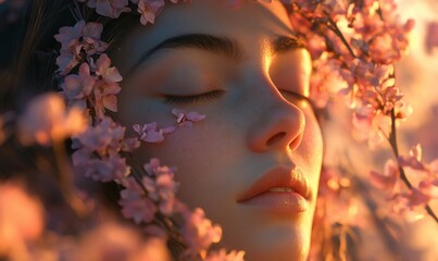 Fototapeta premium Woman sleeping, cherry blossoms, sunset, peace