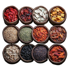 Colorful assortment of dried herbs and spices. transparent background