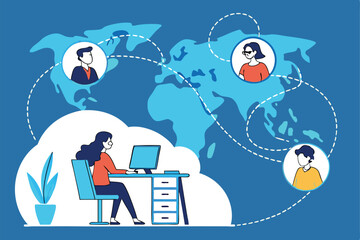 Remote work, cloud networking, global team collaboration, digital workspace, connected employees, profile avatars, computer desk setup, stylized illustration, flat design, blue background, minimalist 