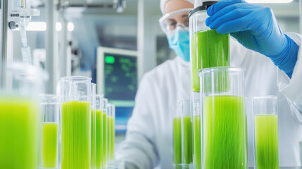 Technician conducting algae biofuel experiment in laboratory setting for sustainable energy research