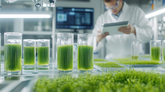 Technician testing algae biofuel production in laboratory for sustainable energy solutions