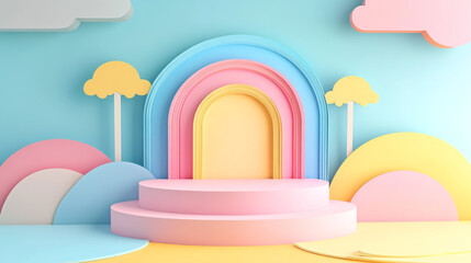 Paper cut background 3d illustration with Fun Stages and Clouds. Playful and vibrant pastel-colored abstract background design featuring geometric shapes, clouds, and layered textures