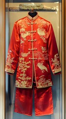 A man in a red Chinese outfit with gold embroidery. The outfit is displayed in a glass case