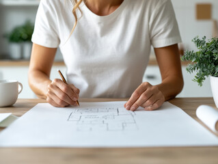Female architect designing floor plans at desk with plants in modern office