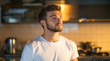 Fototapeta premium thoughtful young man standing in kitchen