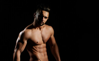 Naklejka premium Sexy fit body of muscular man. Sexy male shape body. Muscular body. Naked man model. Gay sexy model. Perfect Muscular naked torso. Hunk with athletic body.
