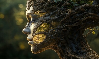 Woman, tree, nature, forest, profile, sunlight, mystical, artwork, fantasy, environment