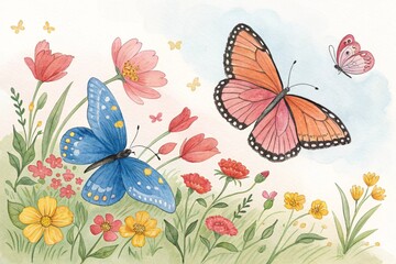Watercolor Butterflies and Flowers, on Background